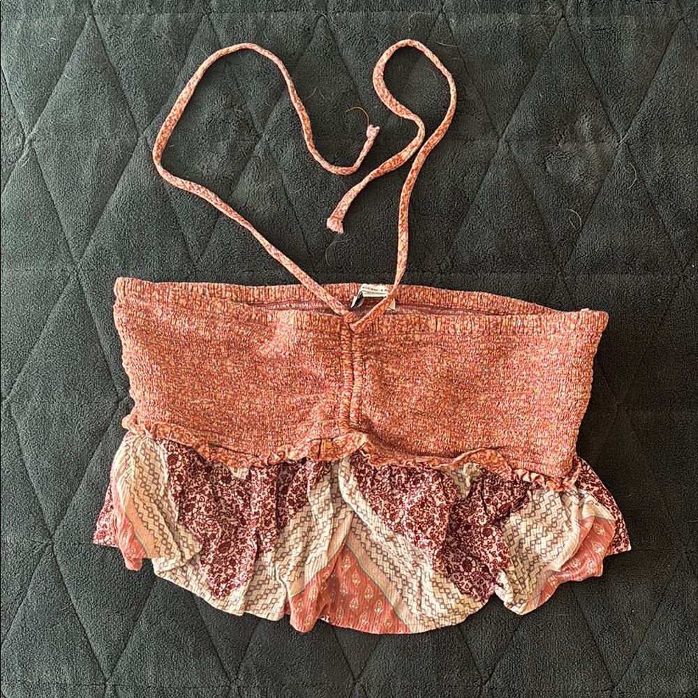 American Eagle Boho Pink and Red Ruffle Crop Top